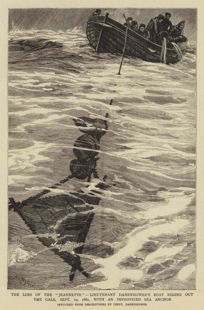 1881年9月12日、即席の海のアンカーを使用して、強風に乗ってジャンネハワー中尉のボートがジャネットを失った 作： William Lionel Wyllie
